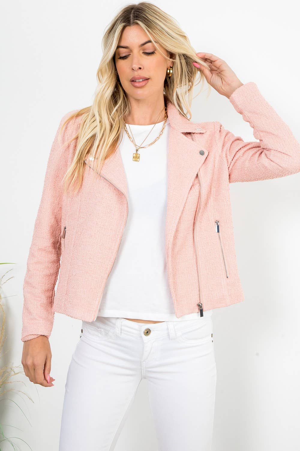 Solid Boucle Long Sleeve Moto Jacket