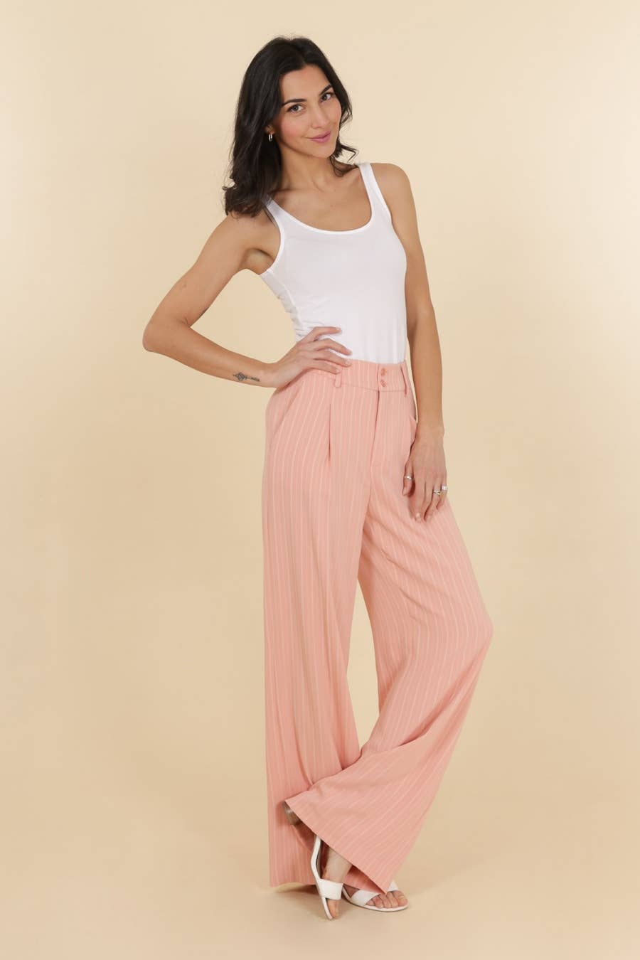 Attentif Striped Plain Wide-Leg Pants