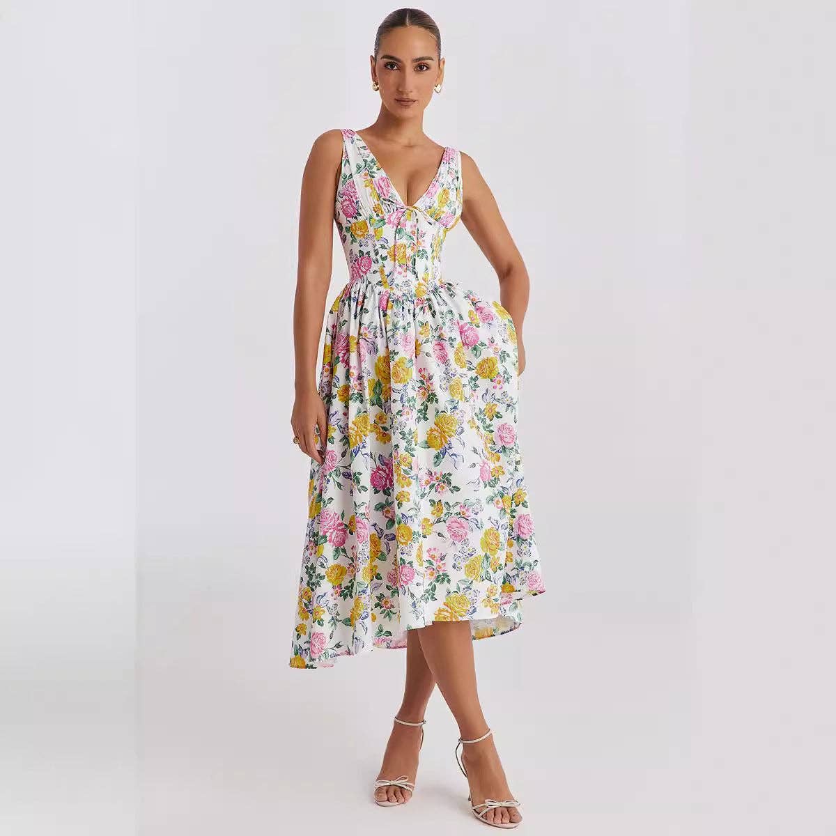 Floral V Neck Waist Cinch Sleeveless Midi Dress