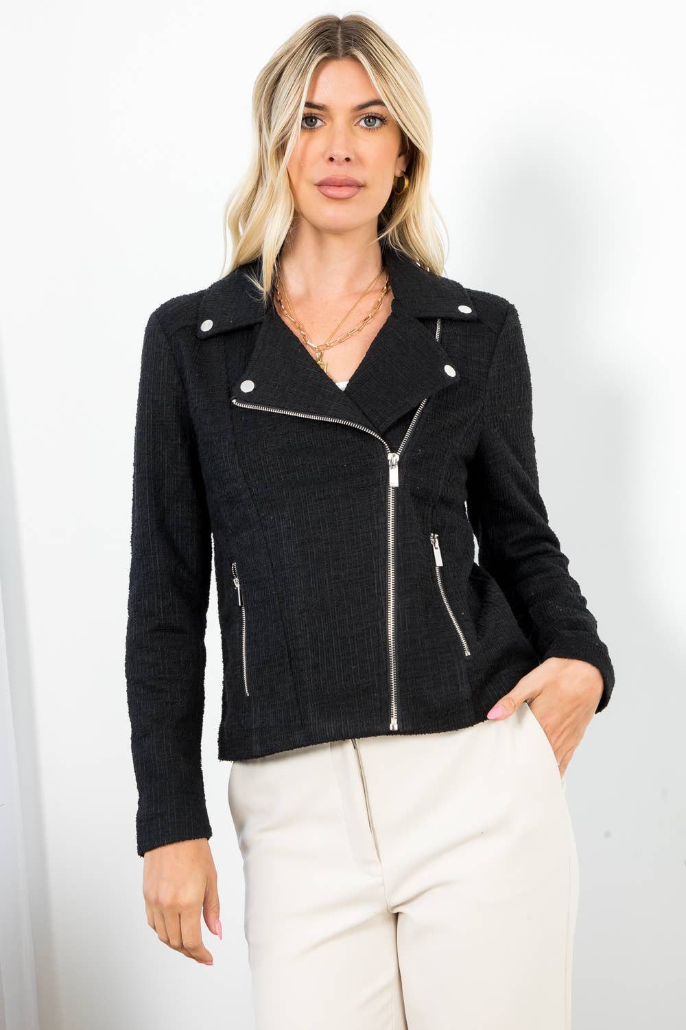 Solid Boucle Long Sleeve Moto Jacket