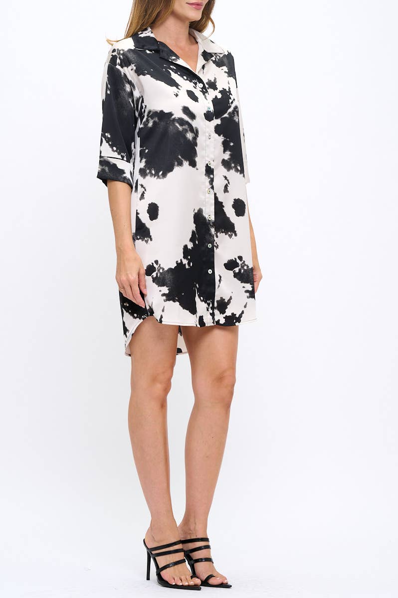 Renee C Made in USA Cow Print Collared Dress with Hi-Low Hem