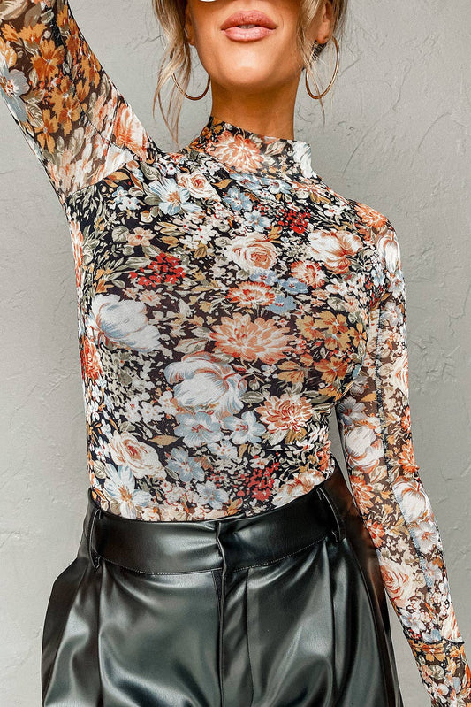 Tulip Floral Mesh Mock Neck Top