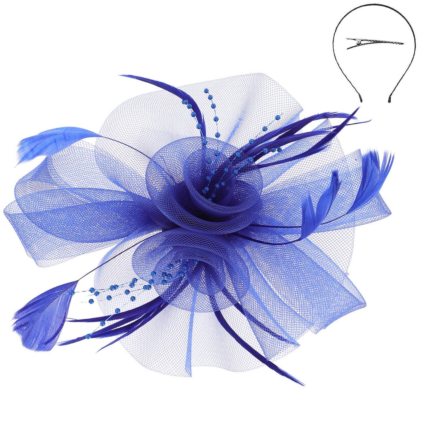 Sophia Feather & Double Floral Mesh Fascinator Headband/Clip