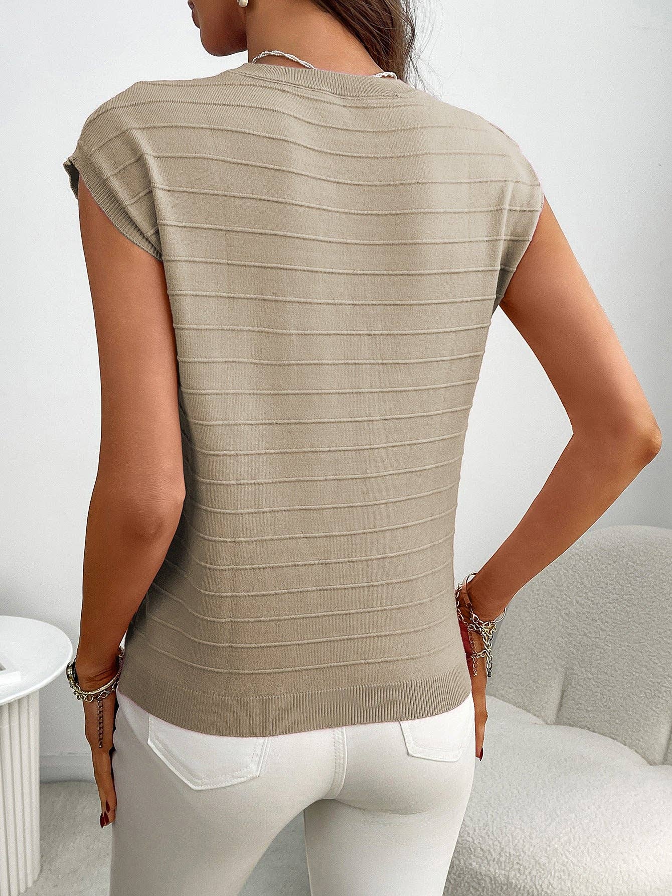 Lovesoft Striped Knit Short Sleeve Top with Pocket Casual Pullover