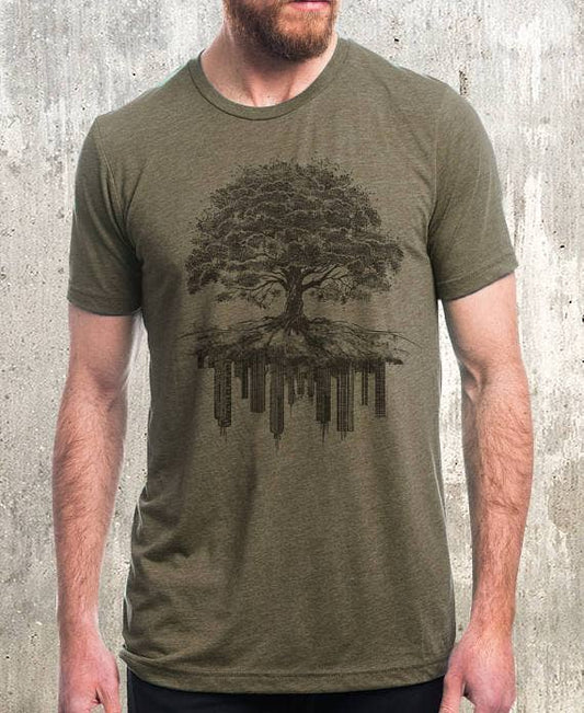 Black Lantern Tree & Crumbling City T-Shirt - Olive