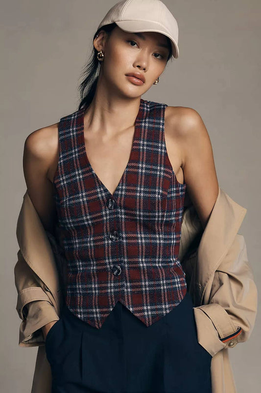 Plaid Button-Front Vest