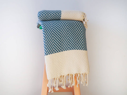 Chevron pattern natural cotton throw blanket- Quetzal Blue